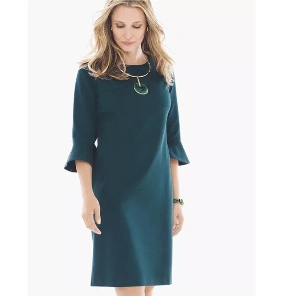 Chico's Dress Womens 1 Medium Teal Blue Ruffle Bell Sleeve Career Office NWT